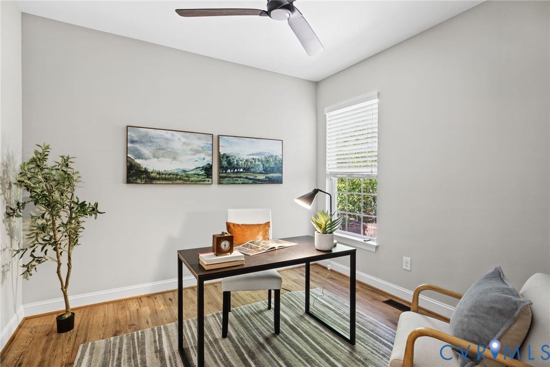 1425 Montcroft Way, Midlothian, VA 23112 Room featuring wood-finish flooring, a neutral wall palette, a ceiling fan with integrated lighting, and a window with horizontal blinds