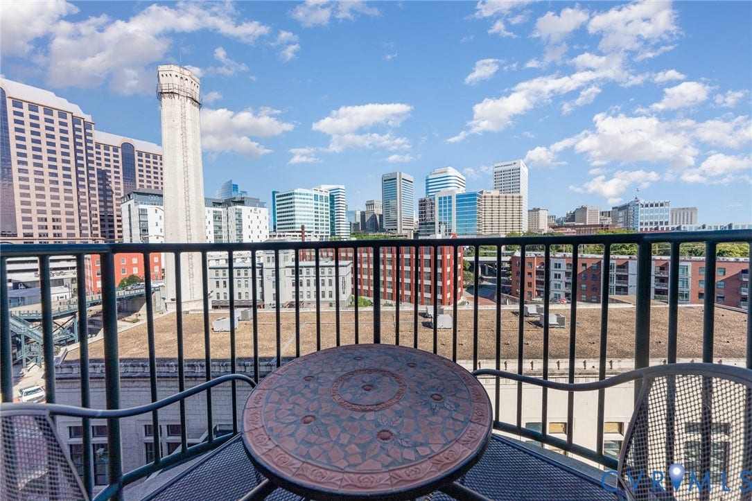 1101 Haxall Point, #709, Richmond, VA 23219 Balcony with black metal railing overlooking a cityscape