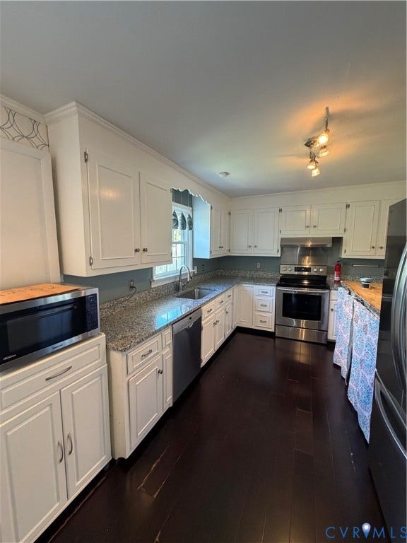 4612 Cutshaw Avenue, Richmond, VA 23230 Kitchen featuring white shaker-style cabinetry, stone countertops, stainless steel appliances, and dark wood-finish flooring