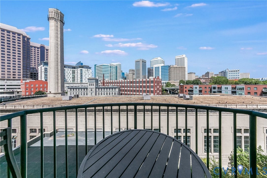 1101 Haxall Point, #511, Richmond, VA 23219 Balcony with metal railing providing an expansive urban skyline