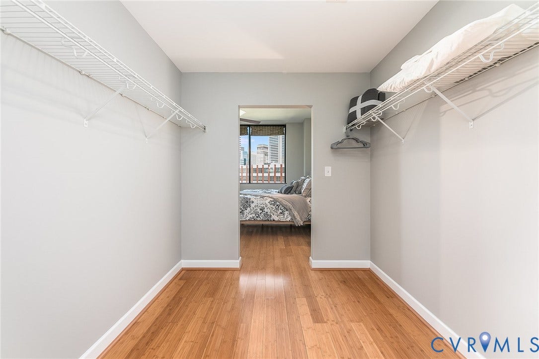 1101 Haxall Point, #511, Richmond, VA 23219 Walk-in closet with wood-finish flooring, light gray walls, and white wire shelving