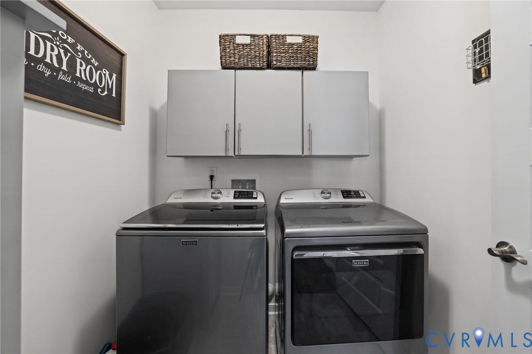 9337 Citrine Run, Henrico, VA 23238 Laundry area featuring gray matte cabinetry, stainless steel front-load appliances, and minimalist hardware