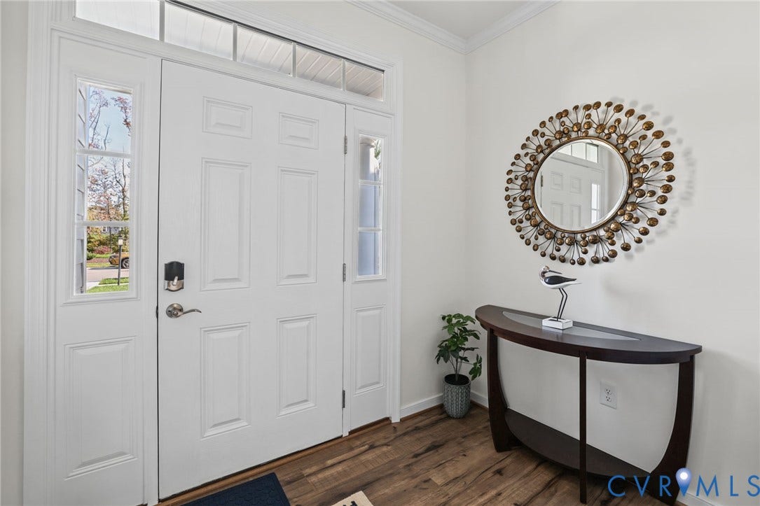 9337 Citrine Run, Henrico, VA 23238 Entryway featuring a white paneled door, transom window, flanking sidelights, and wood-finish flooring