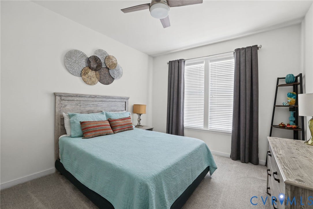 9337 Citrine Run, Henrico, VA 23238 Neutral-toned carpeting, dual-pane windows with integrated blinds, and ceiling fan with an integrated light fixture