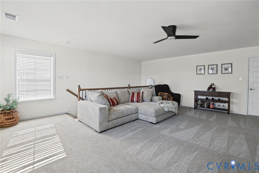 9337 Citrine Run, Henrico, VA 23238 Neutral wall palette, ceiling fan with matte black finish, wood-capped railing, wall-to-wall carpeting, and horizontal slat window blinds