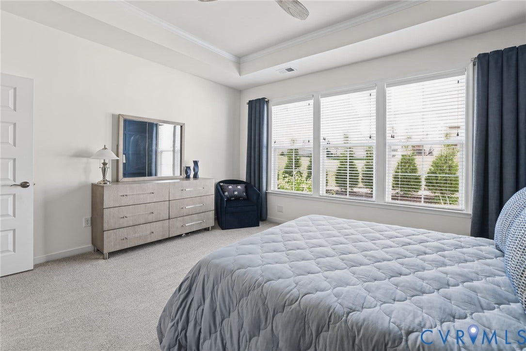 9337 Citrine Run, Henrico, VA 23238 Bedroom featuring tray ceilings, neutral carpeting, and a trio of windows with horizontal blinds
