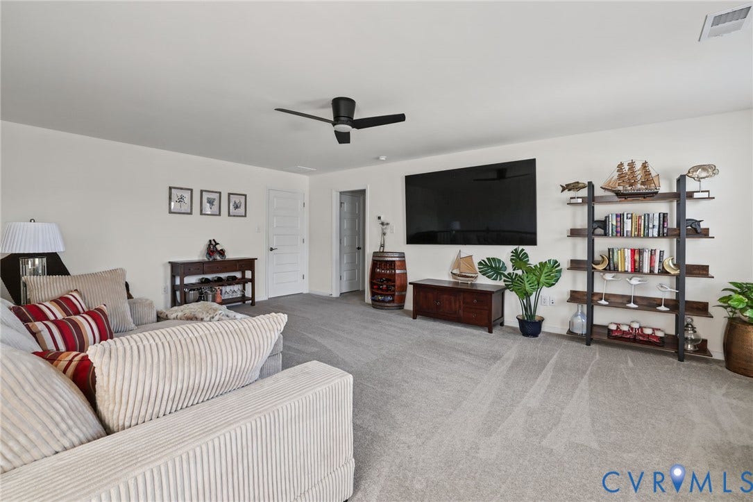 9337 Citrine Run, Henrico, VA 23238 Spacious room featuring neutral carpeting, a central ceiling fan with integrated lighting, and white multi-panel interior doors