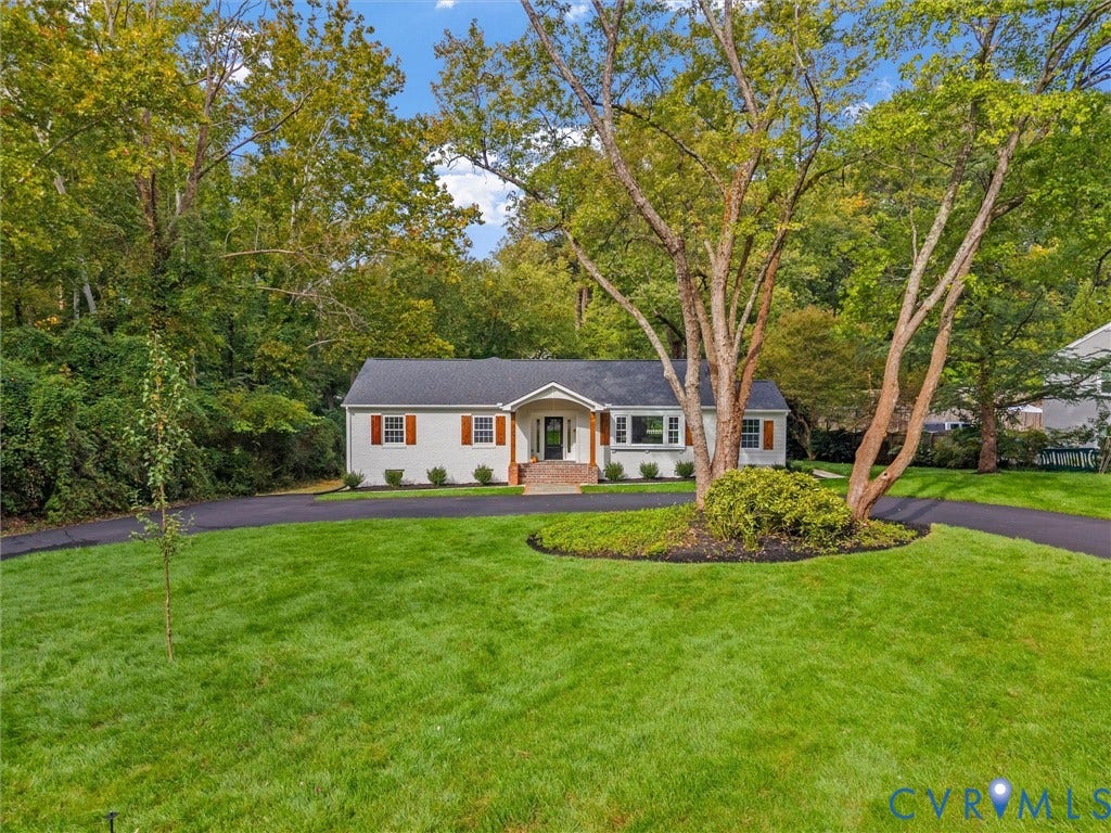 702 Westham Parkway, Westham, Henrico, VA 23229 Ranch-style residence featuring a dark shingle roof, white siding, and decorative orange window shutters