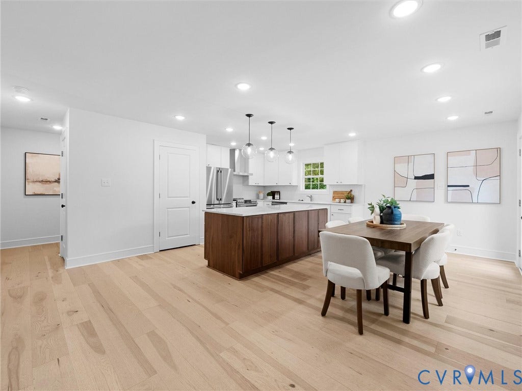 702 Westham Parkway, Westham, Henrico, VA 23229 Light wood-finish flooring throughout, recessed ceiling lighting, kitchen island with wood-finish cabinetry, stainless steel appliances, and white cabinetry