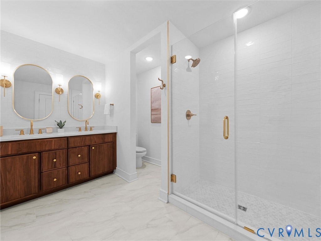 702 Westham Parkway, Westham, Henrico, VA 23229 Walk-in shower with clear glass enclosure, white subway tile walls, and a tiled shower floor