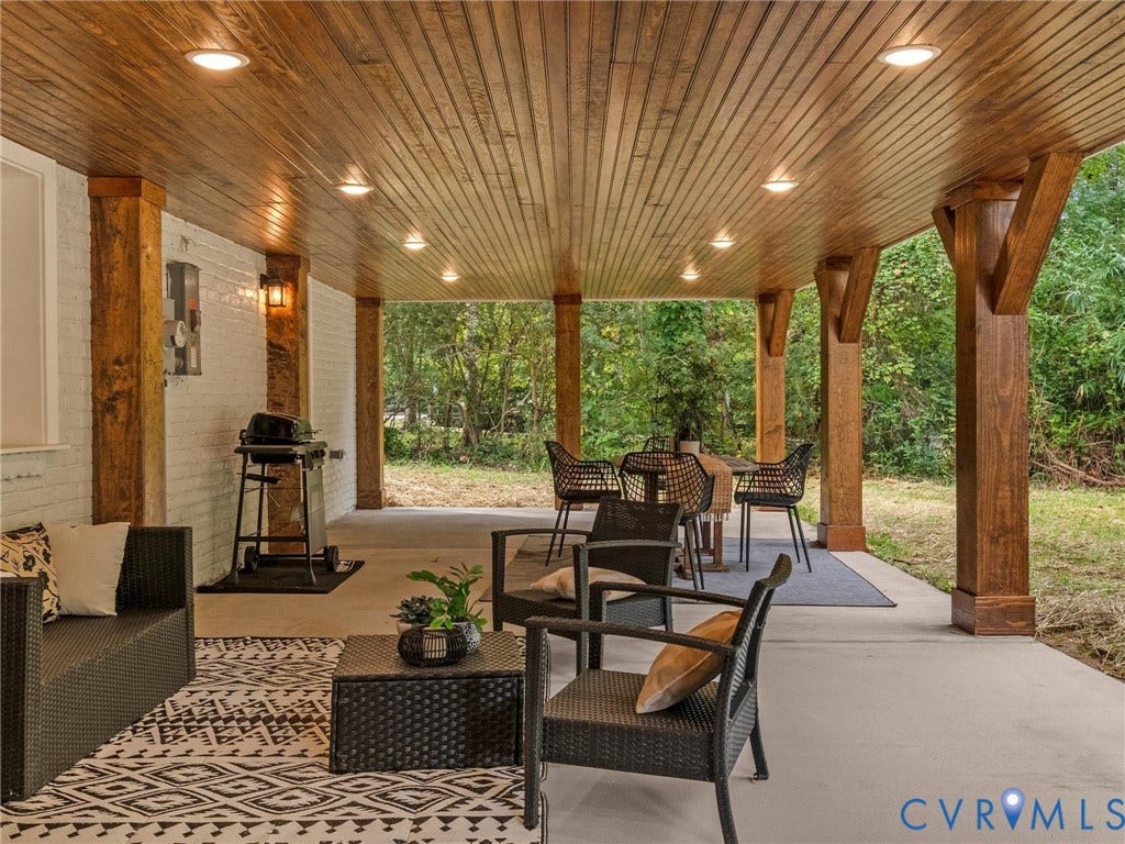 702 Westham Parkway, Westham, Henrico, VA 23229 Expansive covered patio with a wood-plank ceiling, recessed lighting, and exposed wood support beams