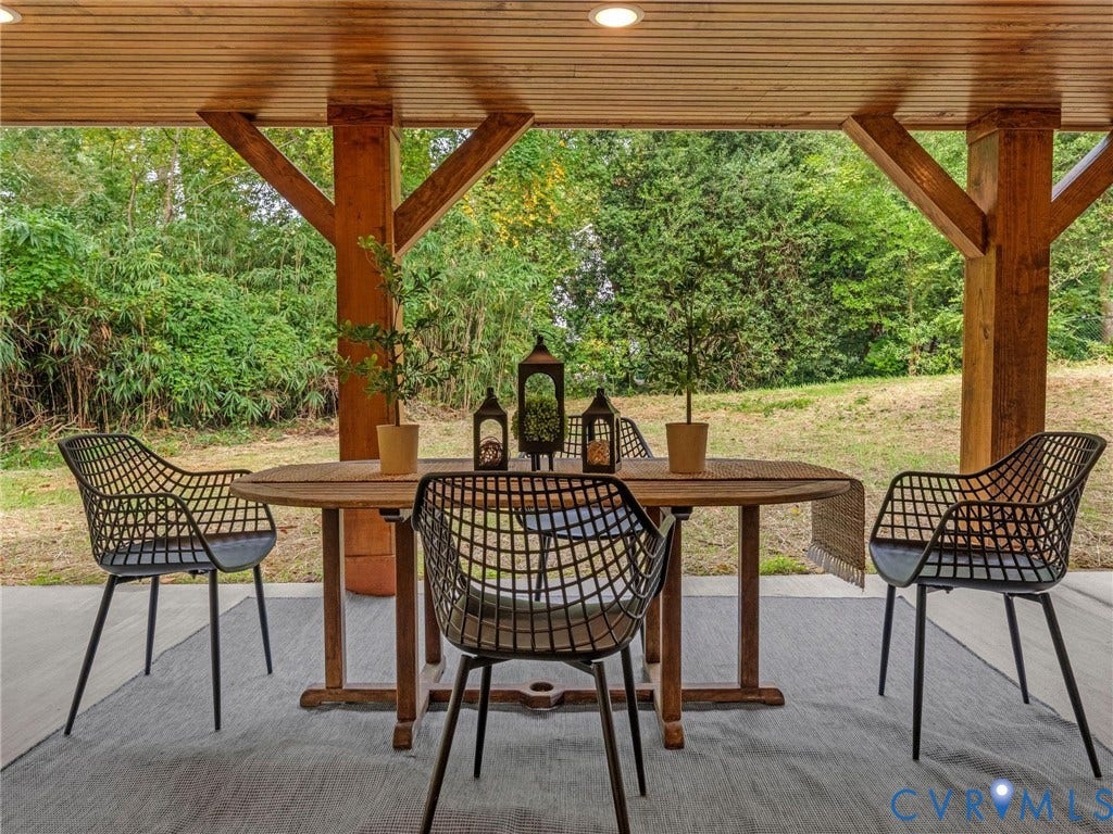 702 Westham Parkway, Westham, Henrico, VA 23229 Covered patio with a wood plank ceiling, recessed lighting, and exposed timber posts