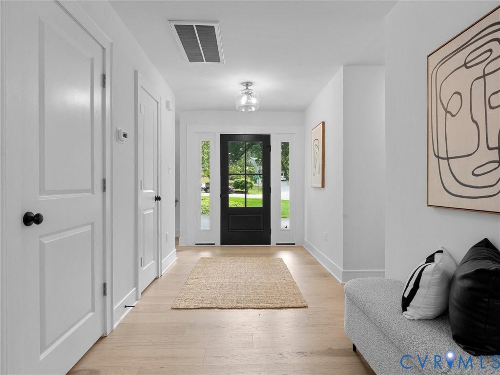 702 Westham Parkway, Westham, Henrico, VA 23229 Entryway with light wood-finish flooring, white walls, and a black paneled front door with glass inserts