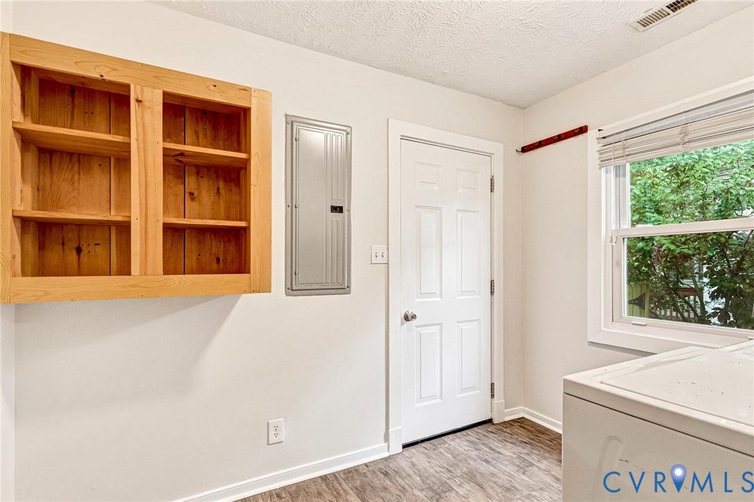 2817 Groveland Avenue, Green Park, Richmond, VA 23222 Built-in wood shelving, wood-finish flooring, white paneled door, and a single window with blinds