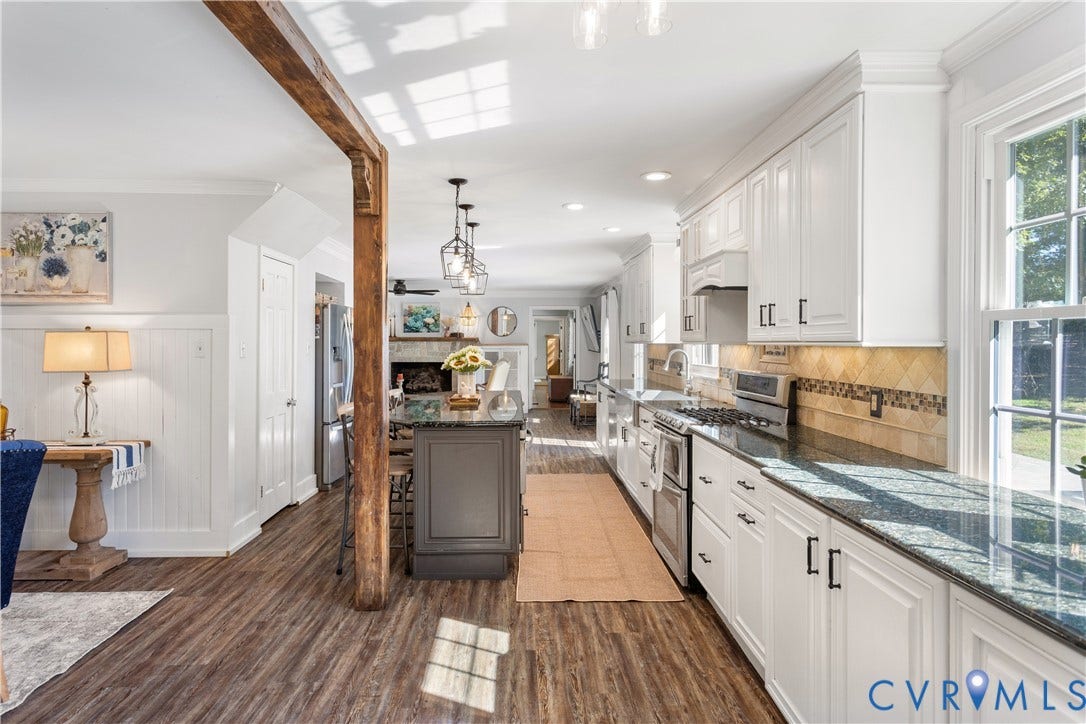 12380 Bienvenue Road, Bowles Acres, Rockville, VA 23146 Kitchen featuring shaker-style cabinetry, stone countertops, central island, exposed timber support beam, pantry