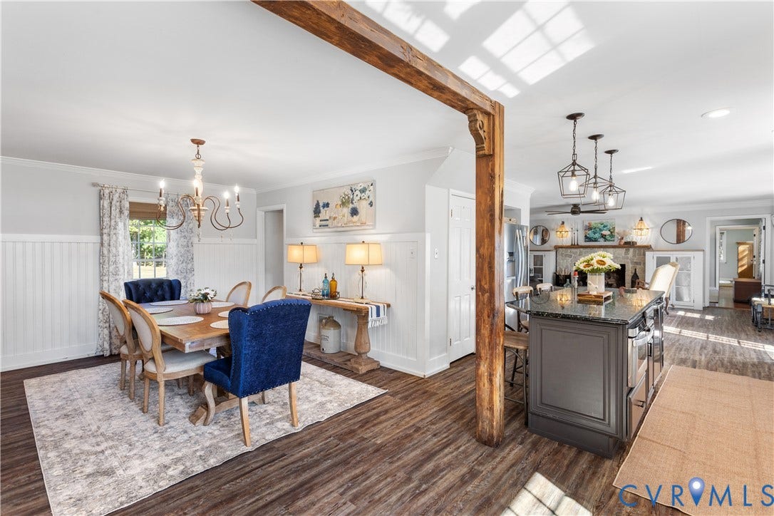 12380 Bienvenue Road, Bowles Acres, Rockville, VA 23146 Open-concept interior featuring LTV flooring, a exposed timber structural beam, wainscoting, a kitchen island with dark cabinetry andgranite ountertops, and tiered geometric pendant lighting