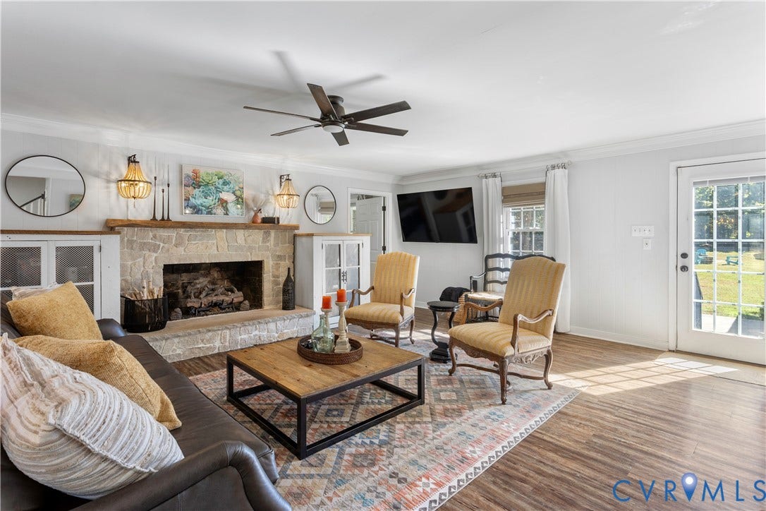 12380 Bienvenue Road, Bowles Acres, Rockville, VA 23146 Stone-surround fireplace with a wood mantel, ceiling fan, and full-glass panel rear entry door. Easy access to the rear courtyard.