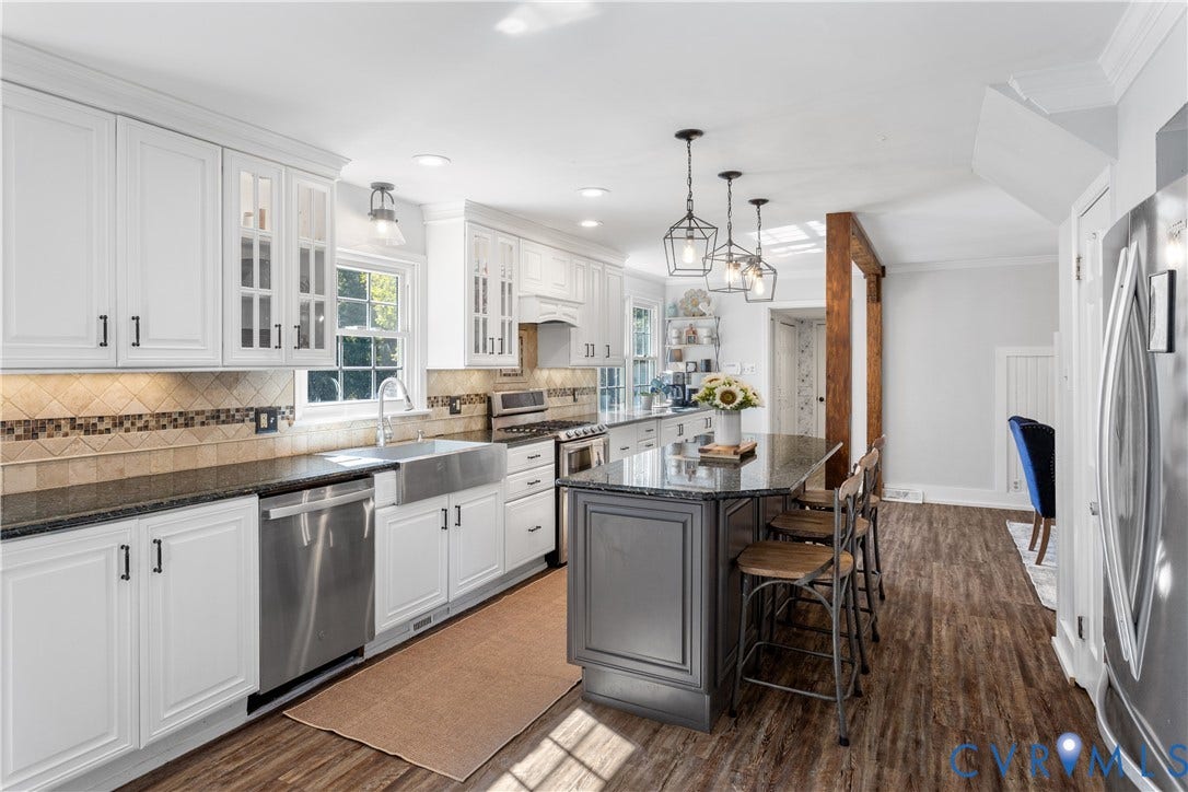 12380 Bienvenue Road, Bowles Acres, Rockville, VA 23146 Kitchen featuring white, Granite stone countertops, an apron-front stainless steel sink, central island,