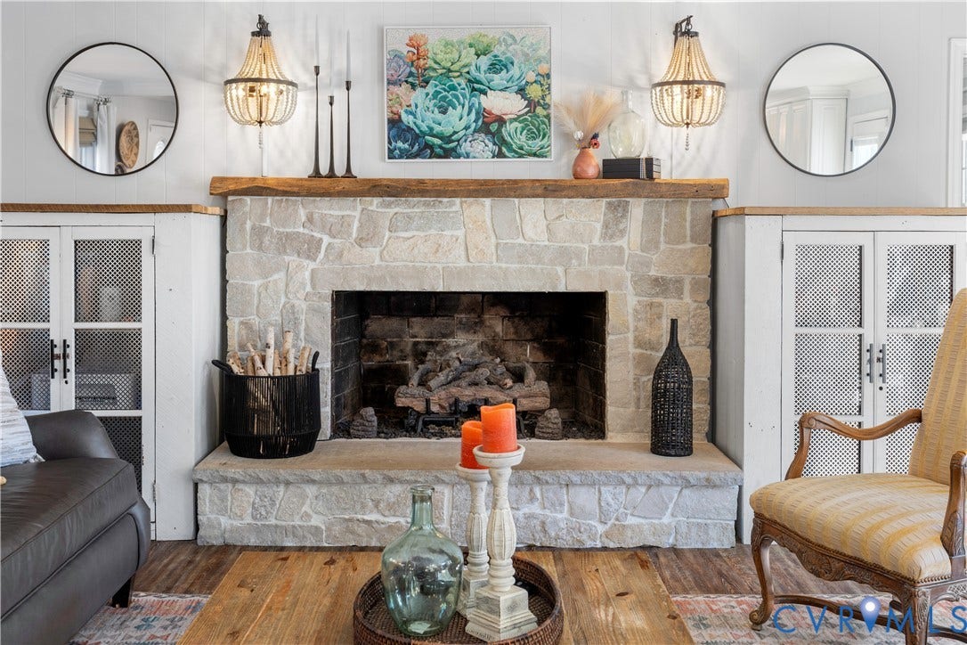 12380 Bienvenue Road, Bowles Acres, Rockville, VA 23146 Fireplace featuring a light-toned stone surround, a natural wood mantel, a raised stone hearth,