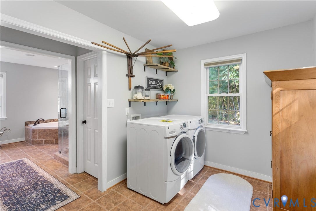 12380 Bienvenue Road, Bowles Acres, Rockville, VA 23146 1st floor Laundry room featuring tile flooring, wall-mounted wooden shelving does not convey, a window more natural light! everywhere!