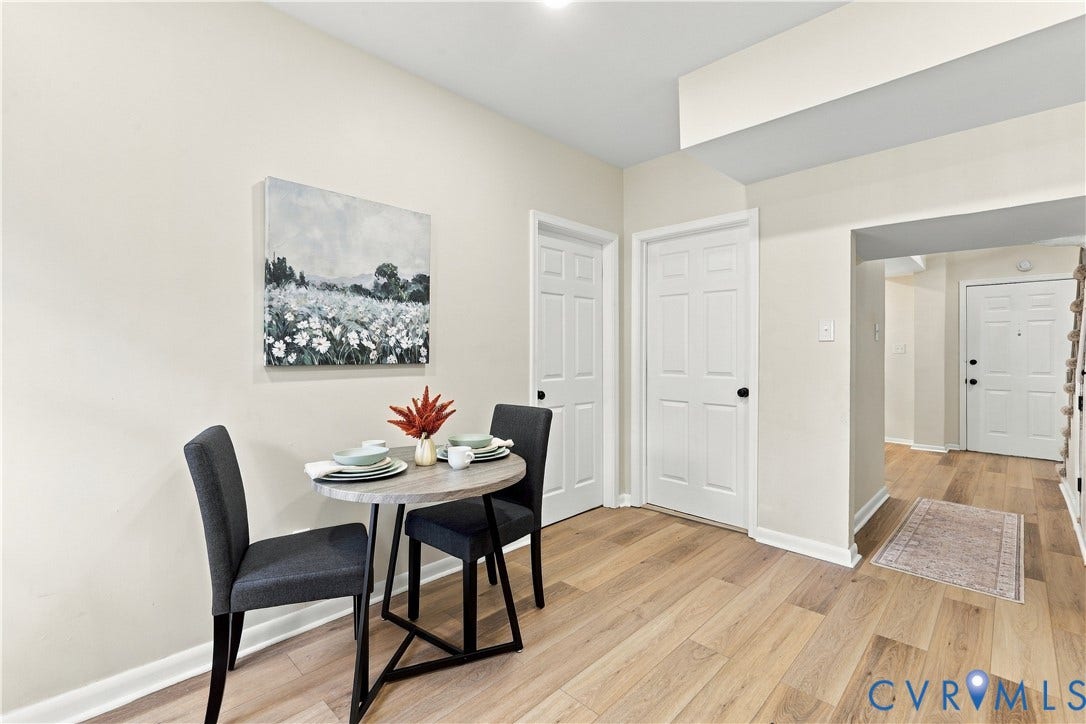 Neutral walls, wood-finish flooring, and white six-panel interior doors