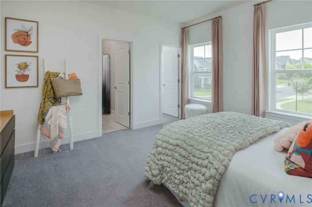 Expansive bedroom with dual windows, neutral wall tones, and plush carpeting