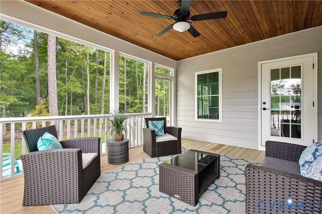 2831 Old Pump Road, The Preserve At John Rolfe, Henrico, VA 23233 Screened porch with wood-finish flooring, wood plank ceiling, and a ceiling fan