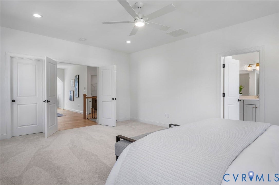2831 Old Pump Road, The Preserve At John Rolfe, Henrico, VA 23233 Recessed lighting, ceiling fan, carpeting, double doors with matte black hardware, and a white interior door