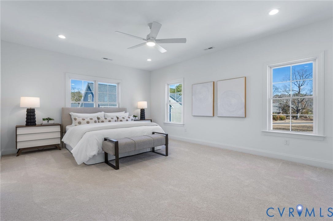 2831 Old Pump Road, The Preserve At John Rolfe, Henrico, VA 23233 Recessed lighting, ceiling fan, multiple windows, light-toned carpeting, and a neutral color palette
