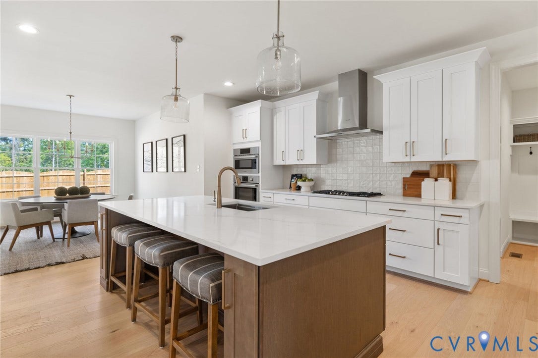 2831 Old Pump Road, The Preserve At John Rolfe, Henrico, VA 23233 Spacious kitchen featuring a large central island with seating, white cabinetry, stainless steel appliances, and wood-finish flooring