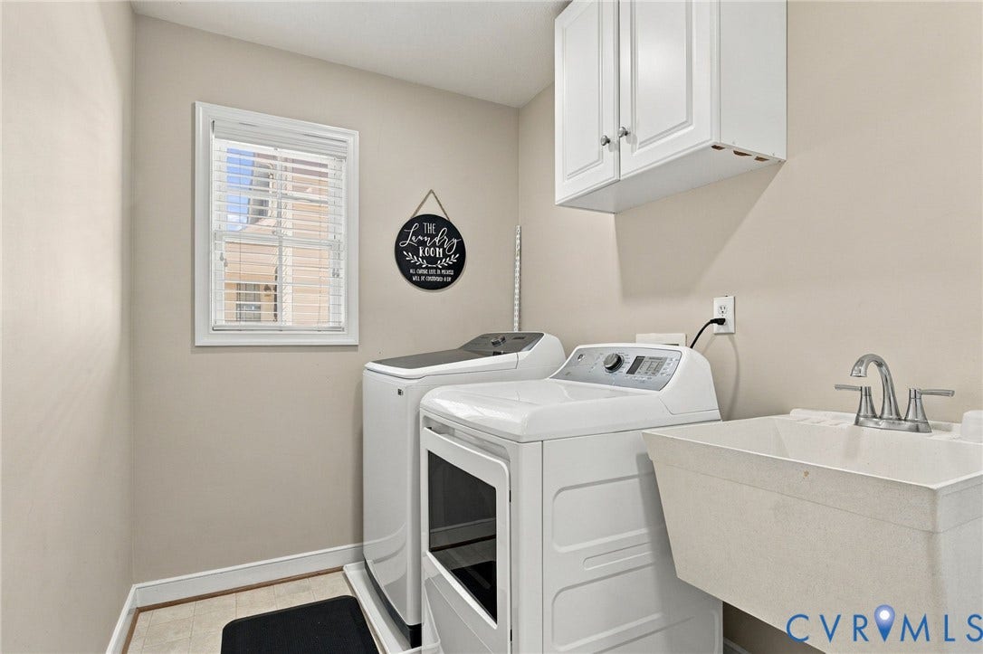 8119 Castle Grove Drive, Mechanicsville, VA 23111 Utility room featuring wall-mounted white cabinetry, a single-basin utility sink with a chrome faucet, and a window with blinds