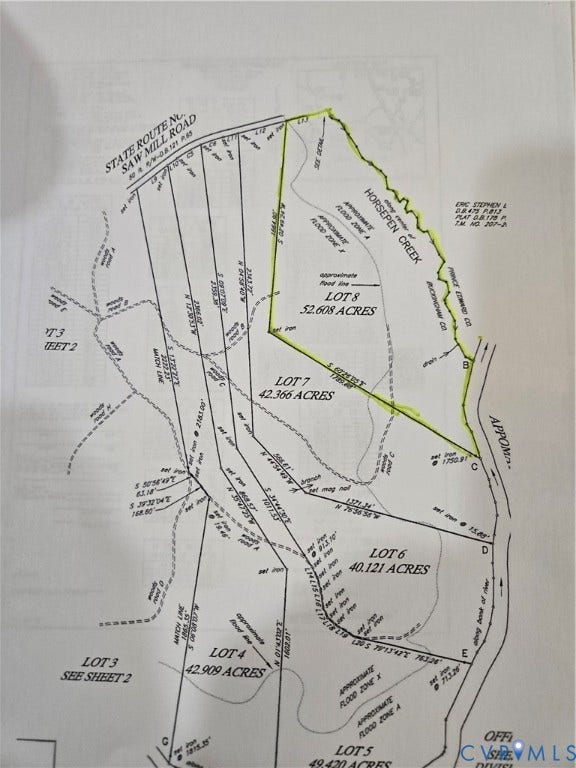 Lot 8 Saw Mill Road, Sawmill, Buckingham, VA 23901 Survey Plat Map. Representing the boundary dimensions, acreage, and topographical markers of the property