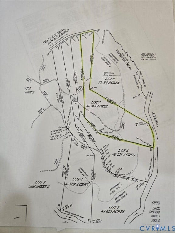 Lot 7 Saw Mill Road, Sawmill, Buckingham, VA 23901 Survey Plat. Illustrating the property boundaries, lot dimensions, and topographical features