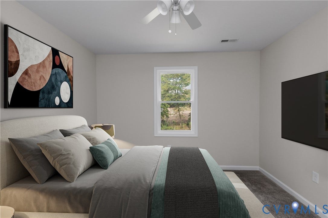 12089 Monterey Road, Ruther Glen, VA 22546 Bedroom featuring wall-to-wall carpeting, a single-hung window, and a ceiling-mounted light fixture with an integrated fan