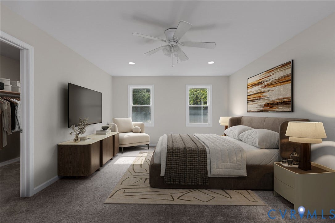 12089 Monterey Road, Ruther Glen, VA 22546 Bedroom featuring wall-to-wall carpeting, a white ceiling fan with integrated lighting, recessed lighting, and dual windows