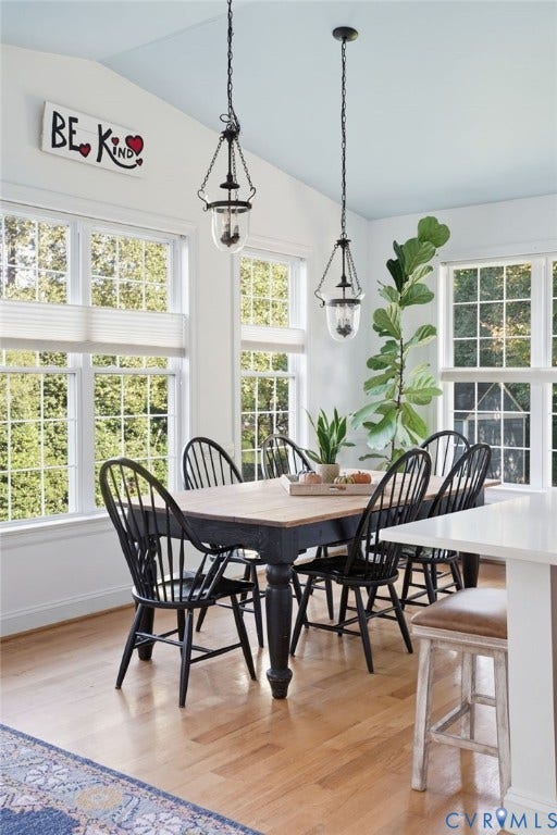 4502 Jennway Turn, Summer Lake, Moseley, VA 23120 Dining area featuring vaulted ceilings with light blue accent paint, wood-finish flooring, and multiple windows with white grids