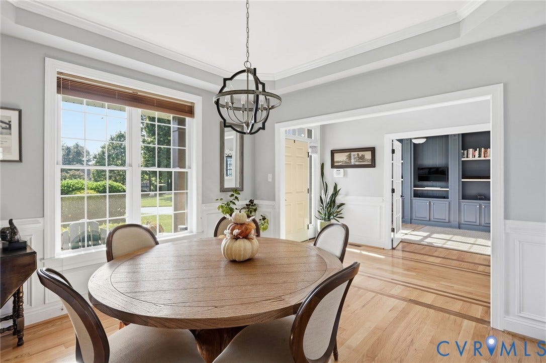 4502 Jennway Turn, Summer Lake, Moseley, VA 23120 Dining space featuring tray ceilings, wainscoting, decorative metal chandelier, and wood-finish flooring