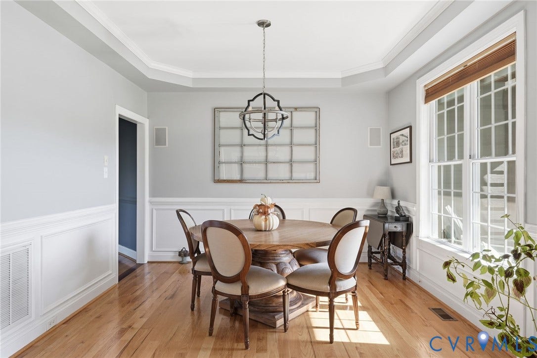 4502 Jennway Turn, Summer Lake, Moseley, VA 23120 Dining space featuring wood-finish flooring, tray ceiling, wainscoting, multi-pane windows, and a metal orb chandelier