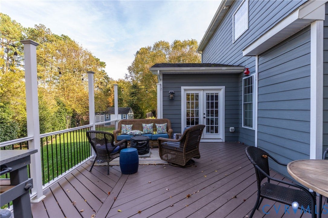 4502 Jennway Turn, Summer Lake, Moseley, VA 23120 Rear deck featuring composite decking, vertical baluster railing, siding exterior, and French door access