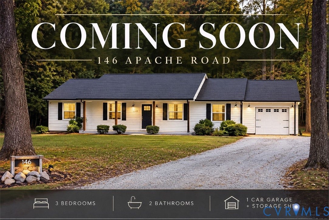 Real Estate Listing. Indicating the property at 146 Apache Road with 3 bedrooms, 2 bathrooms, a 1-car garage, and a storage shed, soon to be available
