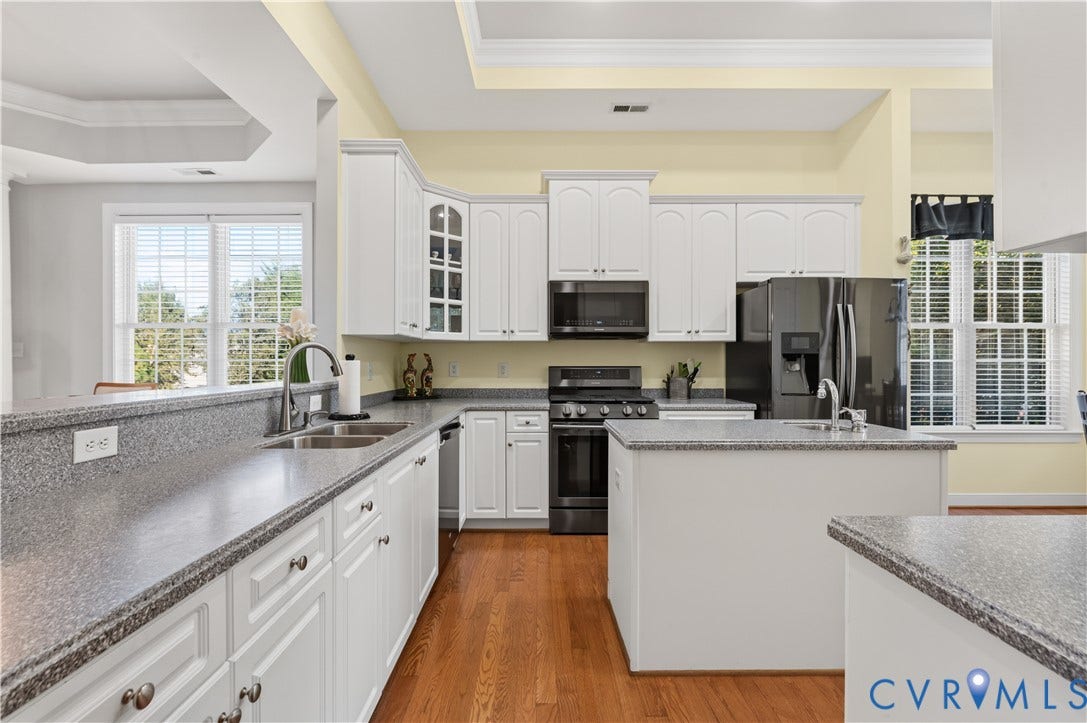 3360 Manor Grove Circle, Glen Allen, VA 23059 Kitchen featuring white cabinetry, stone countertops, wood-finish flooring, a central island with a sink, and black appliances