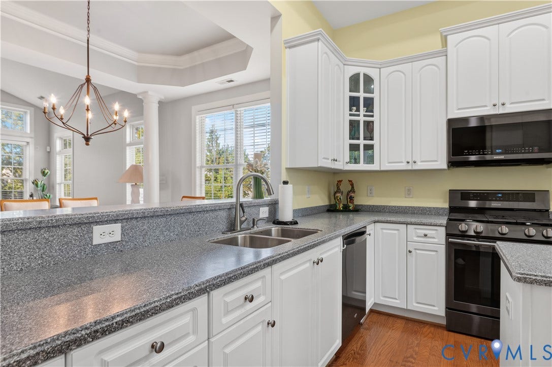 3360 Manor Grove Circle, Glen Allen, VA 23059 Kitchen featuring white shaker-style cabinetry, dark stone-finish countertops, stainless steel dual-basin sink, wood-finish flooring, and integrated black appliances