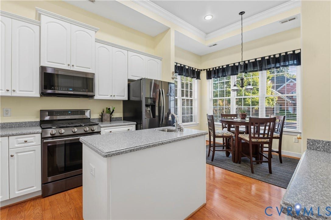 3360 Manor Grove Circle, Glen Allen, VA 23059 Kitchen featuring white cabinetry, stone-finish countertops, stainless steel appliances, a center island with a built-in sink, and wood-finish flooring