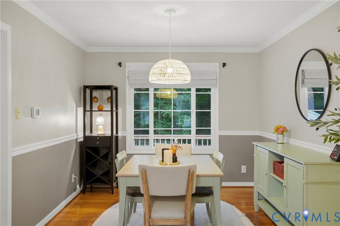 14800 Highberry Woods Drive, Midlothian, VA 23112 Dining space featuring wood-finish flooring, white crown molding, crisp chair rail, multi-pane window with custom blinds, and a central dome pendant light fixture