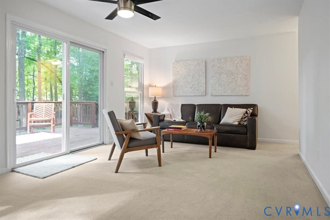 10209 Francill Court, North Chesterfield, VA 23236 Sliding glass door, wall-to-wall carpeting, ceiling fan with integrated lighting, and wooden deck exterior