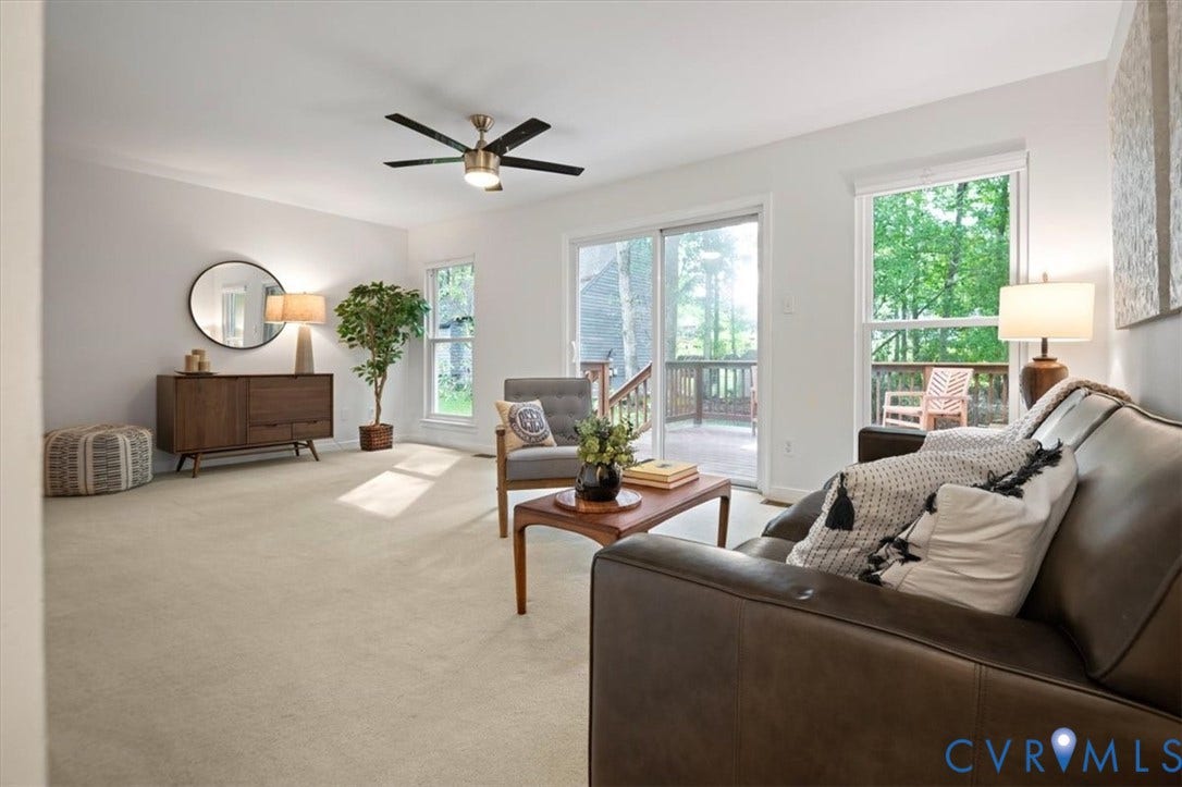 10209 Francill Court, North Chesterfield, VA 23236 Neutral wall tones with carpeted flooring, ceiling fan, and sliding glass doors providing outdoor access