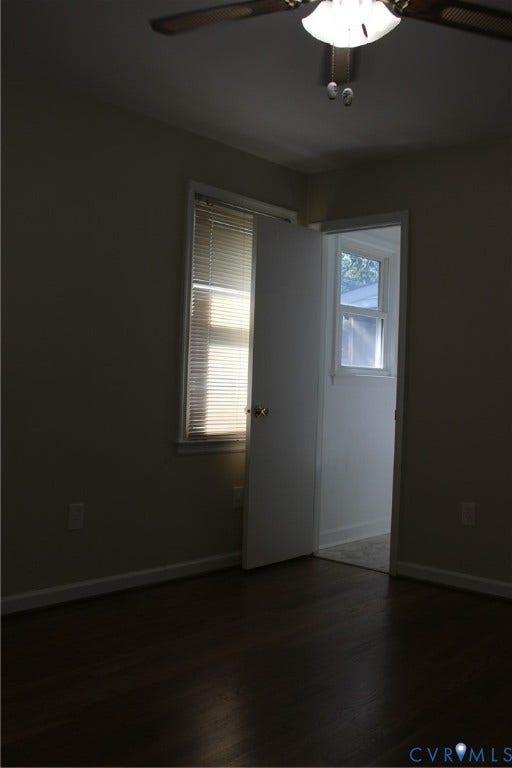 905 Williamsburg Road, Colonial Heights, VA 23834 Room featuring wood-finish flooring, a ceiling fan with light fixture, a window with horizontal blinds, and a standard interior door
