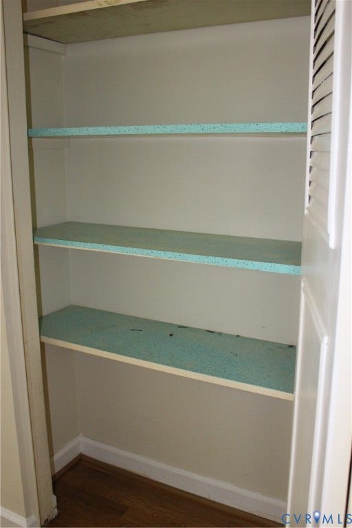 905 Williamsburg Road, Colonial Heights, VA 23834 Built-in storage closet featuring multiple solid shelving units and louvered door access