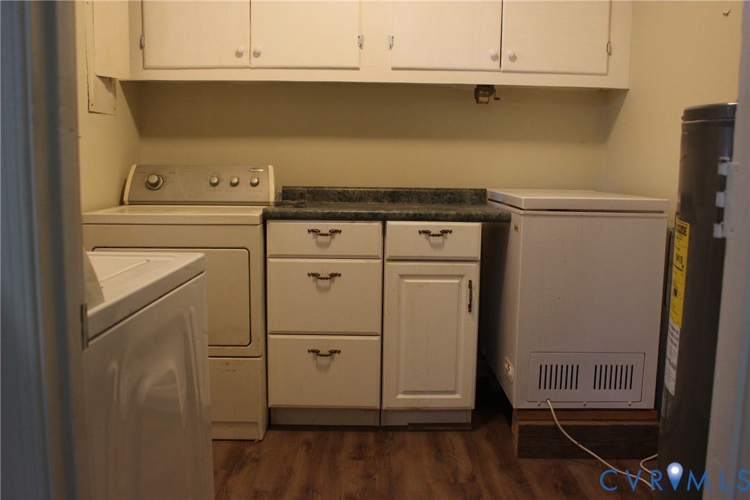 905 Williamsburg Road, Colonial Heights, VA 23834 Laundry room featuring white cabinetry, stone-finish countertops, wood-finish flooring, and upper wall-mounted storage