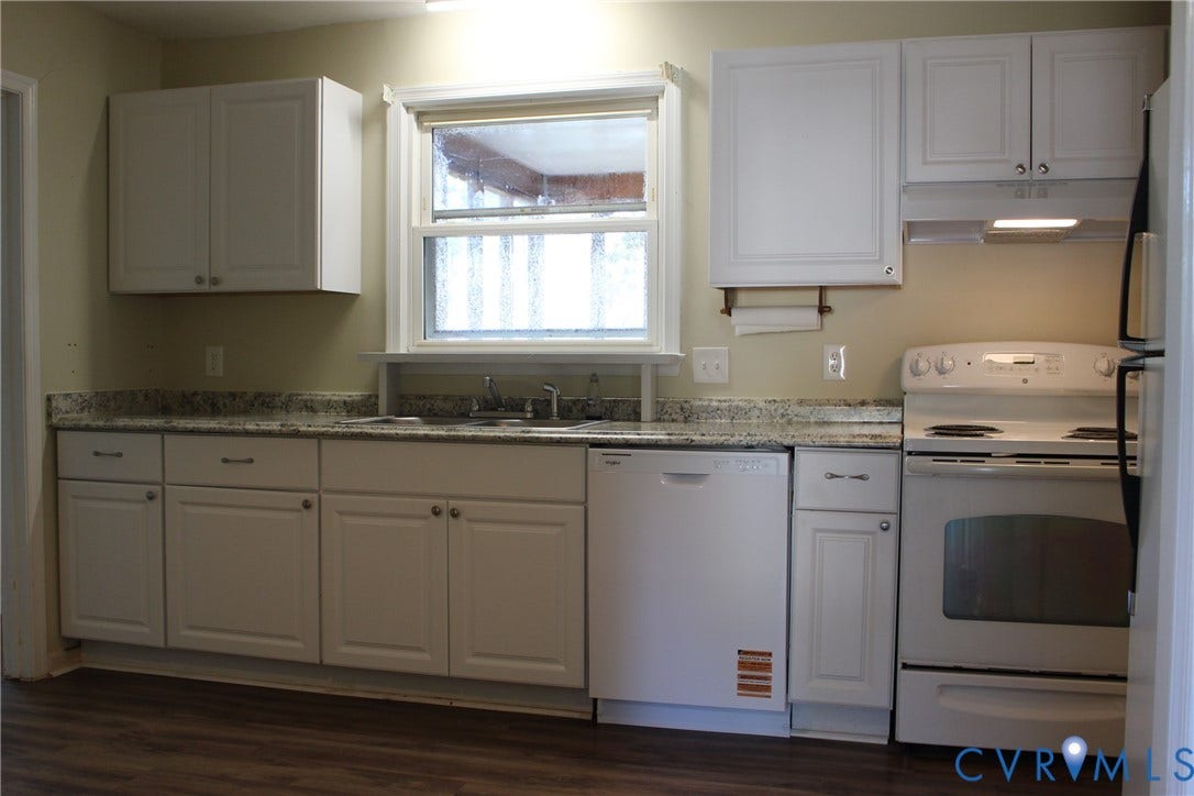 905 Williamsburg Road, Colonial Heights, VA 23834 Kitchen featuring white cabinetry, stone-finish countertops, wood-finish flooring, and white appliances